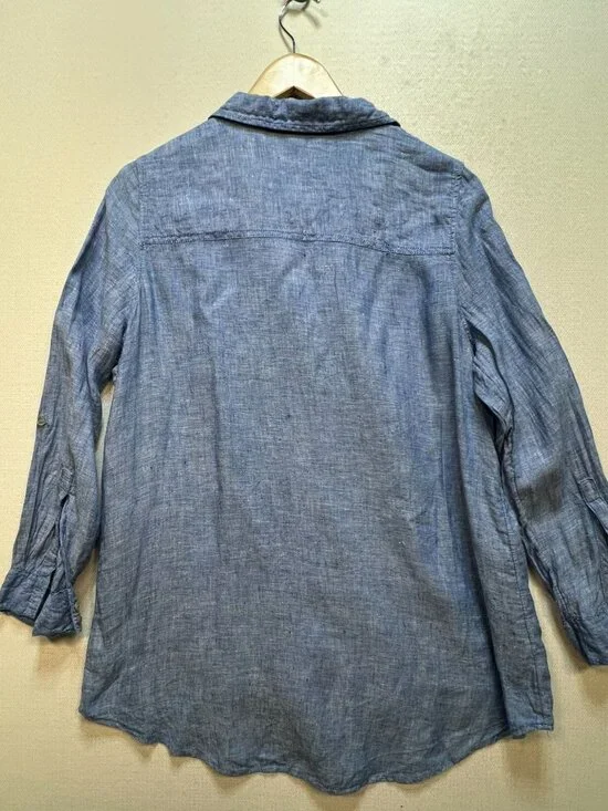 Christian Siriano Womens Button-Up Linen Shirt Medium Blue Chambray Casual Top - Picture 8 of 10